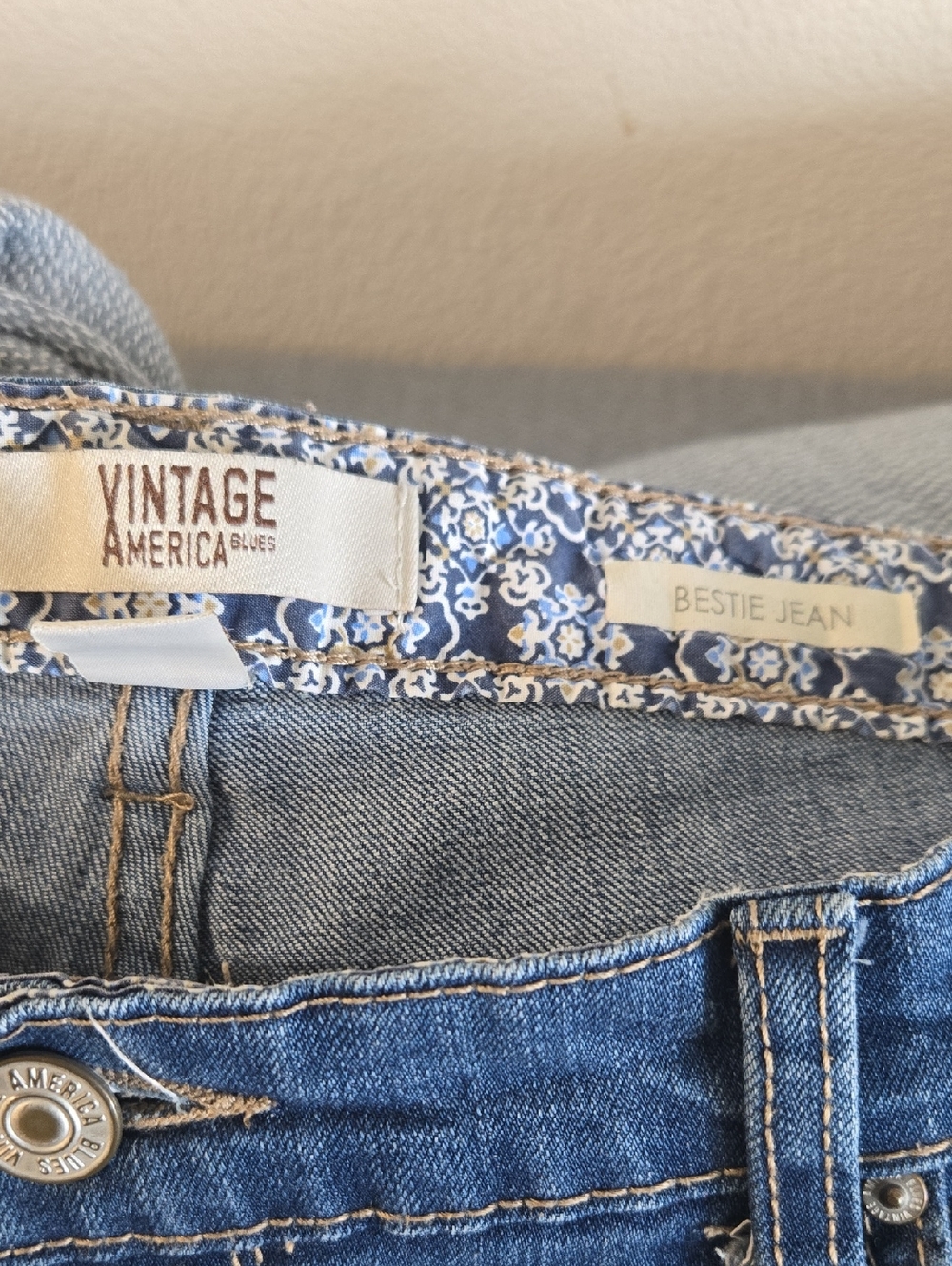 Vintage America Dark Blue Bestie Jeans with Pink Floral Embroidery - Picture 5 of 7